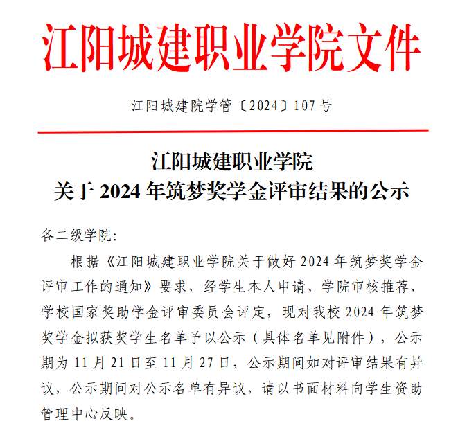 江阳城建职业学院关于2024年筑梦奖学金评审结果的公示